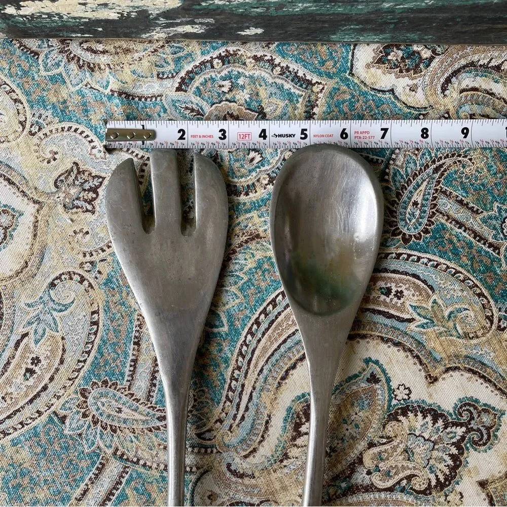 Vintage metal salad serving set, pewter or aluminum mid century